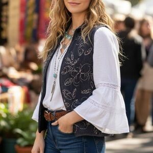 ALIA Black Denim Twill Embroidered Floral Zip-Up Vest Utilitarian Cottagecore